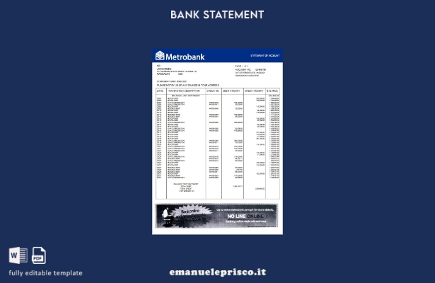 modello word di estratto conto bancario Metrobank del Regno Unito in stile verif